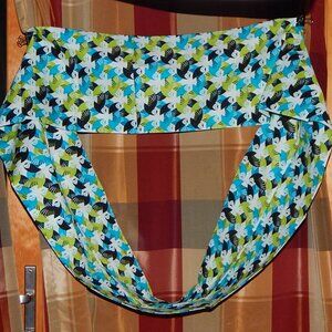 Scarf, Cotton wrap-around OWL design, 4'x2 , turquoise, black, green, white